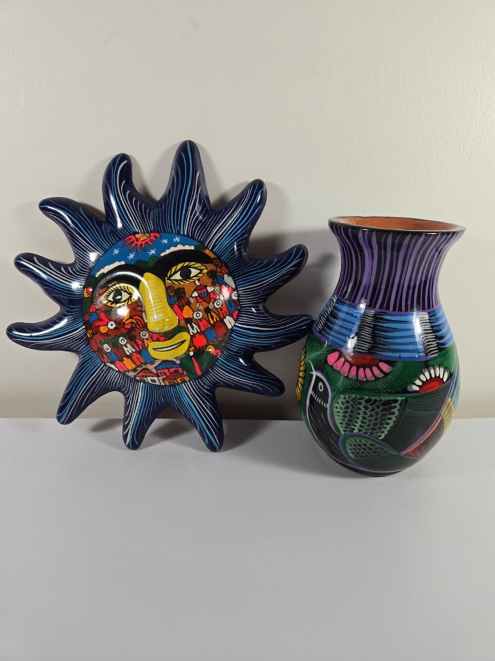 Mexican Style Pottery Decor Lot Colorful Sun Wall Hanging Bird Vase Whimsigoth
